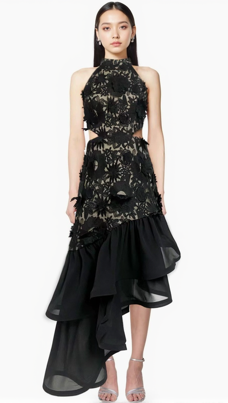 MADGE FLOWER EMBELLLISHED CUT OUT MAXI DRESS IN BLACK