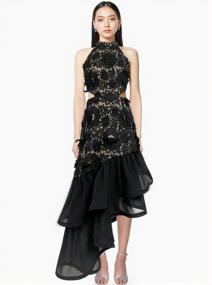 MADGE FLOWER EMBELLLISHED CUT OUT MAXI DRESS IN BLACK