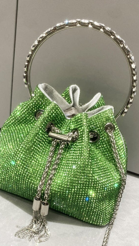CRYSTAL EMBELLISHED BUCKET BAG IN GREEN