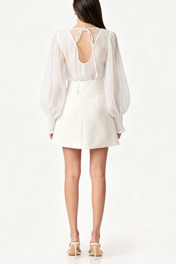 Floral appliqué sheer organza blouse & mini skirt set - white