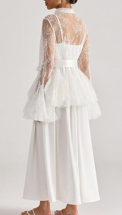 Tiffany white lace bell-sleeve ruffle embroidered top maxi skirt set