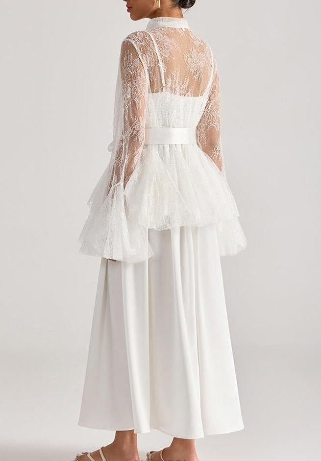 AIIZIE Tiffany white lace bell-sleeve ruffle embroidered top maxi skirt set - product image