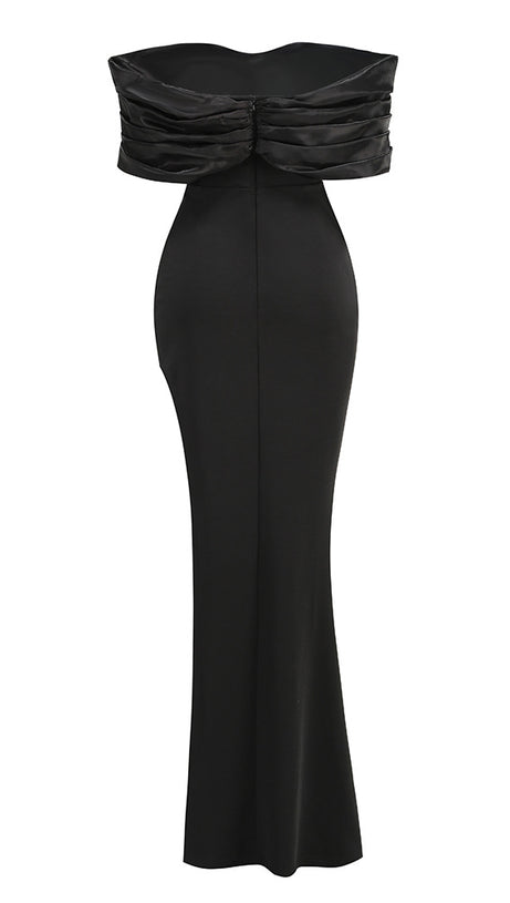 SOPHIA OFF SHOULDER RUCHED MAXI SLIT DRESS IN BLACK
