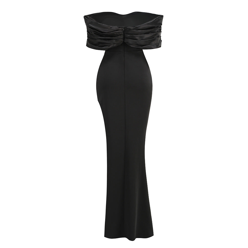 SOPHIA OFF SHOULDER RUCHED MAXI SLIT DRESS IN BLACK