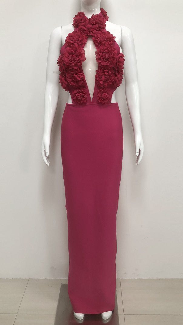 AIIZIE FUCHSIA HALTER NECK BANDAGE MAXI DRESS - product image