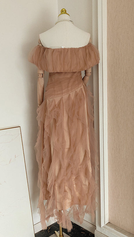 TULLE TUBE TOP WITH RIPPLING PATTERNMAXI DRESS IN KHAKI