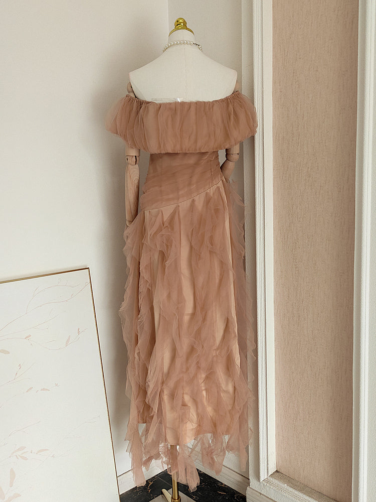 AIIZIE TULLE TUBE TOP WITH RIPPLING PATTERNMAXI DRESS IN KHAKI - product image