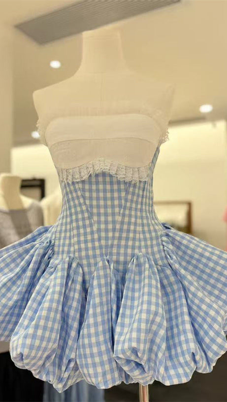 stephanie plaid strapless puffy mini dress - blue