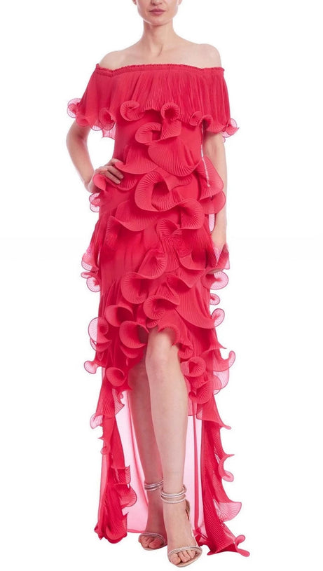 DORA ROSE RED OFF-SHOULDER PLEATED ORGANZA MAXI DRESS