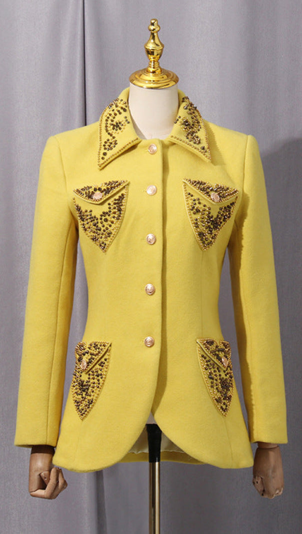 AIIZIE ANILA STUDDED WOOL FITTED SINGLE-BREASTED BLAZER IN YELLOW - product image