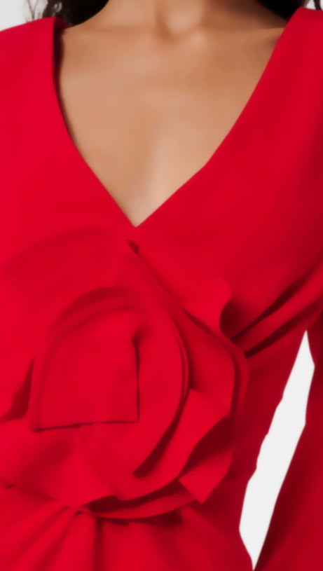 BERTILDE V NECK FLOWER MINI DRESS IN RED