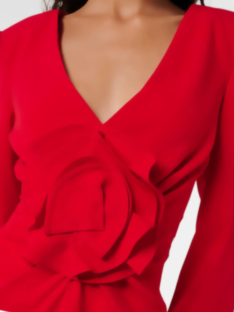AIIZIE BERTILDE V NECK FLOWER MINI DRESS IN RED - product image