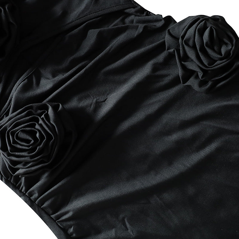 FLOWER HALTER CUT OUT DRESS IN BLACK