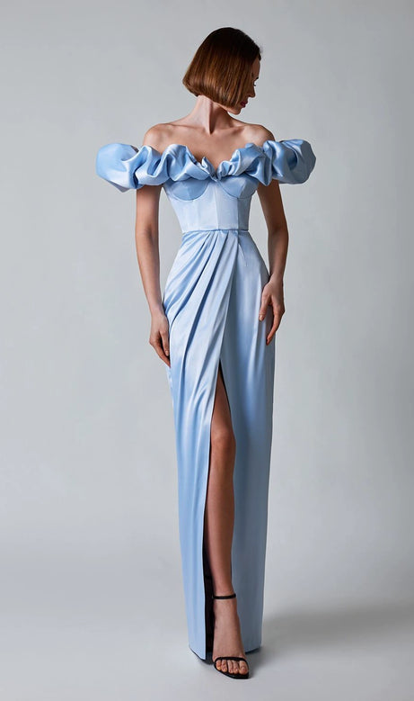 ABITO LUNGO CON SPALLE SCOPERTE E SPACCHIO IN CRISTALLI BLU GLADYS