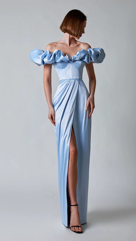 GLADYS BLUE CRYSTAL OFF-SHOULDER MAXI SPLIT DRESS