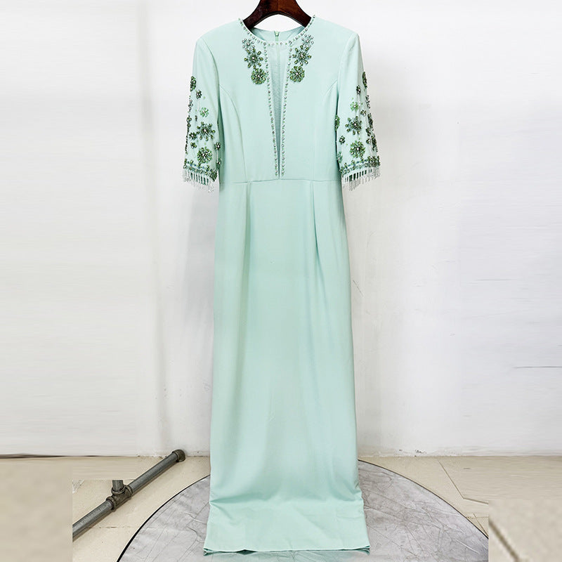 Mint Green Beaded Maxi Gown with Floral Sleeves