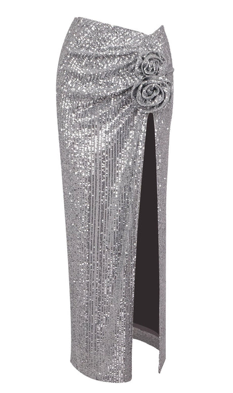ELVIRA MAXIROCK MIT BLUMENAPPLIKATIONEN UND PAILLETTEN IN SILBER