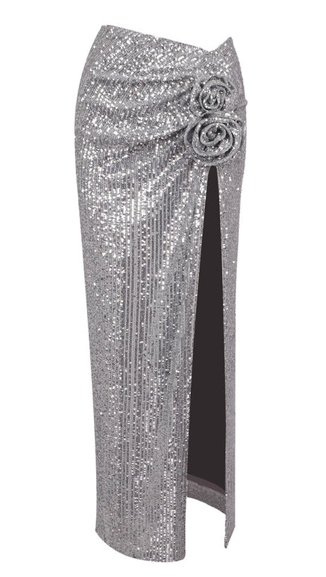 ELVIRA FLORAL-APPLIQUÉ SEQUINED MAXI SKIRT IN SLIVER