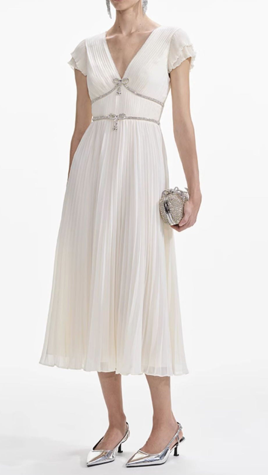 karen v-neck bow pleated chiffon midi dress - white