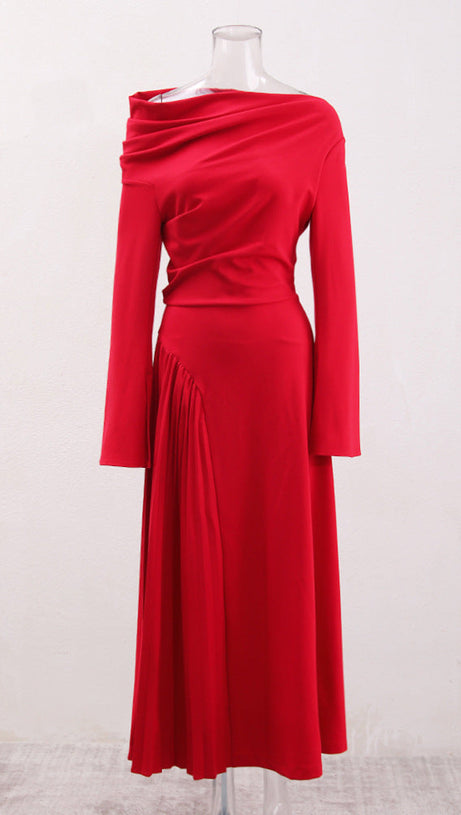ALBERTA RED ONE SHOULDER SLIT PLEATED MAXI DRESS