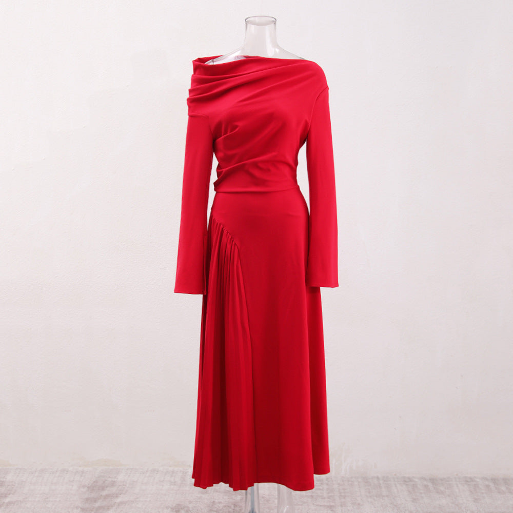 AIIZIE ALBERTA RED ONE SHOULDER SLIT PLEATED MAXI DRESS - product image