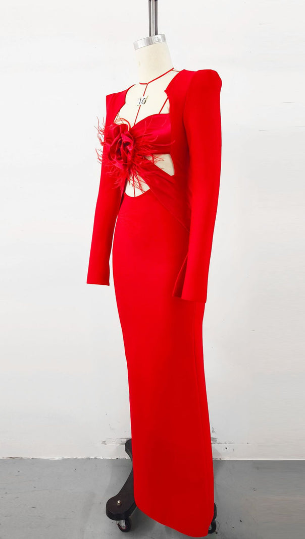 AIIZIE RUBY RADIANCE PADDED SHOULDER HEART CUT SATIN DRESS - product image