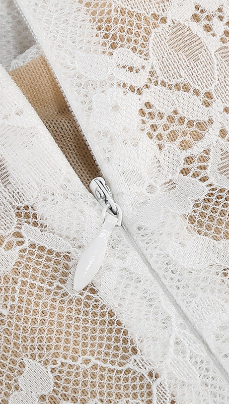 LACE JACQUARD FISHBONE BODYCON MINI DRESS IN WHITE