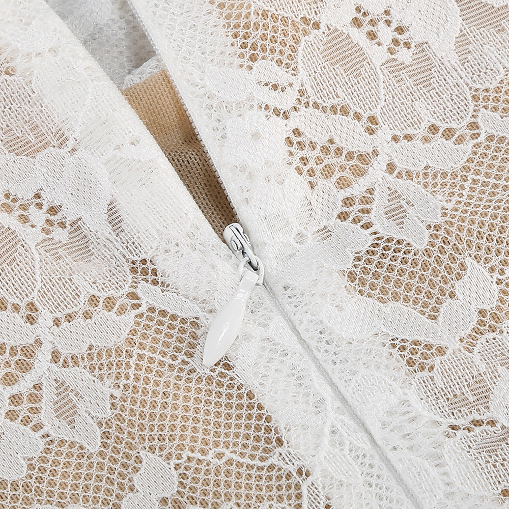 AIIZIE LACE JACQUARD FISHBONE BODYCON MINI DRESS IN WHITE - product image
