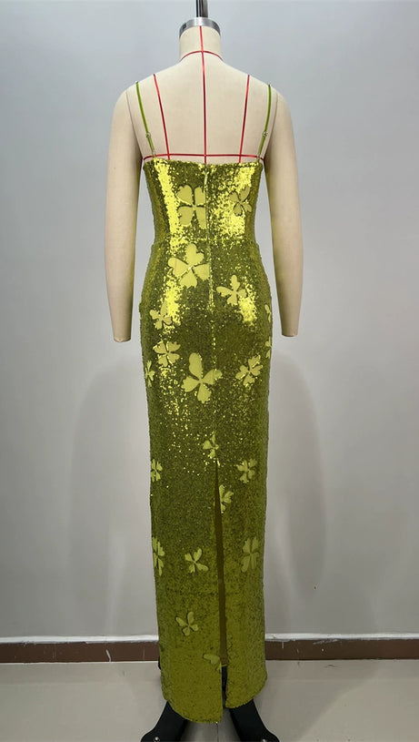 SEQUIN BOW PRINT BODYCON MAXI DRESS IN GREEN