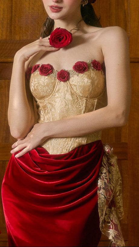 claire Wild Rose Corset maxi Dress - gold / red