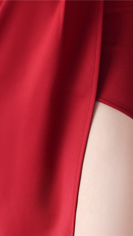 DEBBY RED ONE SHOULDER FLOWER CUT OUT SLIT MAXI DRESS