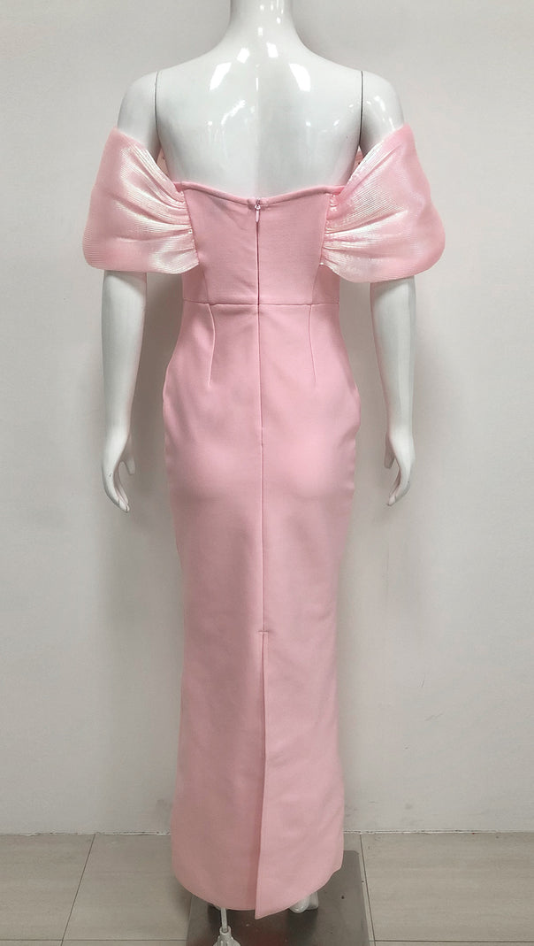 AIIZIE PINK OFF SHOULDER BEADED BANDAGE MAXI DRESS - product image