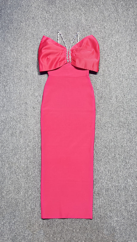 FUCHSIA FANTASY RHINESTONE EMBELLISHED OFF SHOULDER DRESS