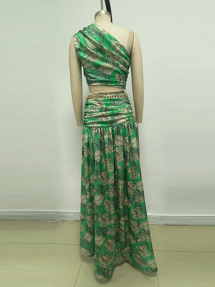 AIIZIE GREEN PALM LEAF PRINTED ONE - SHOULDER TWO - PIECE MAXI SKIRT SET - product image