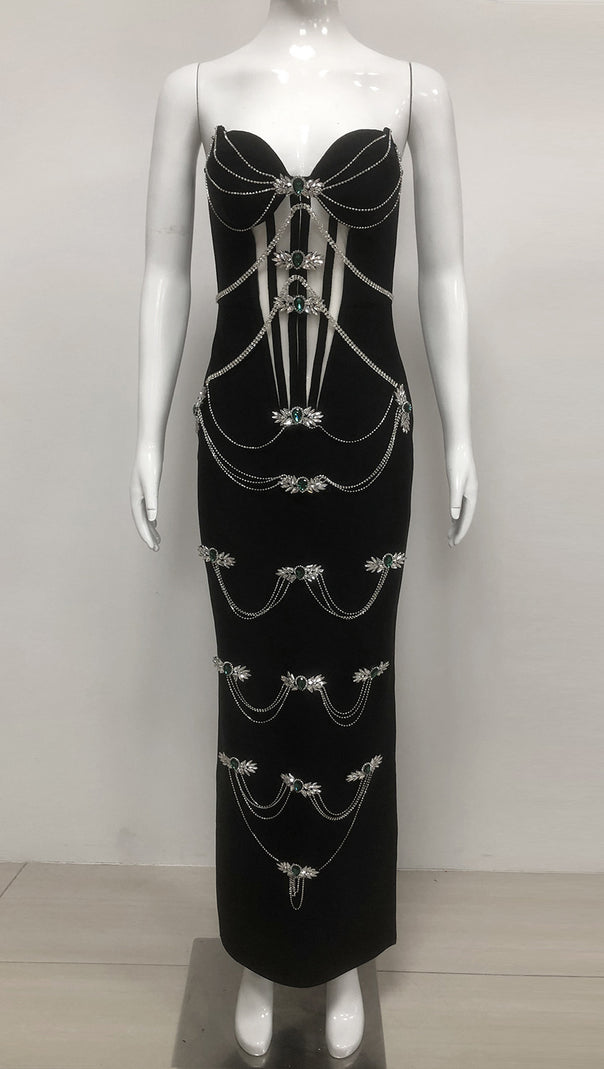 AIIZIE STRAPLESS BLACK RHINESTONE CORSET MAXI DRESS - product image