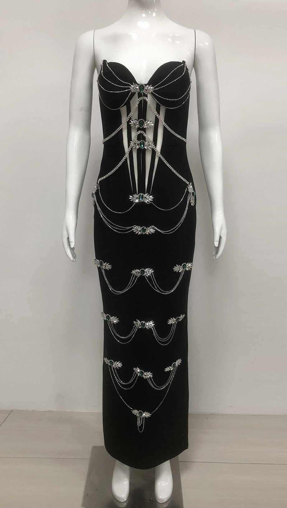 STRAPLESS BLACK RHINESTONE CORSET MAXI DRESS