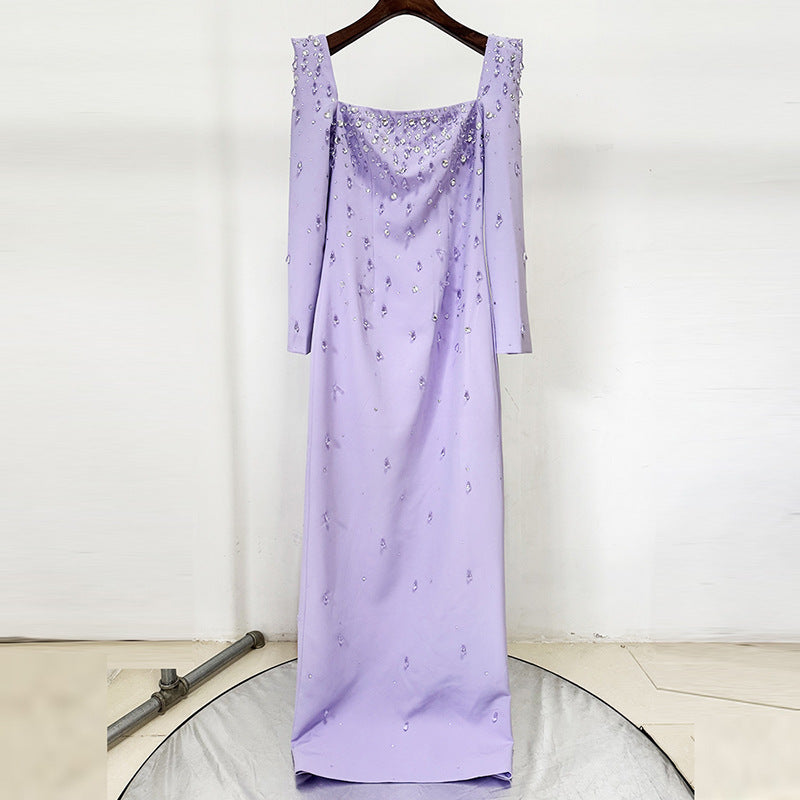 Purple Square Neck Long Sleeve Crystal Maxi Dress