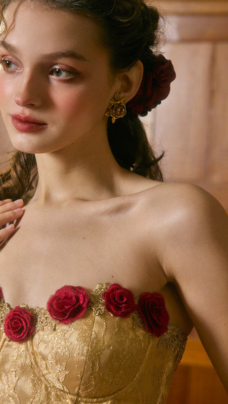 claire Wild Rose Corset maxi Dress - gold / red