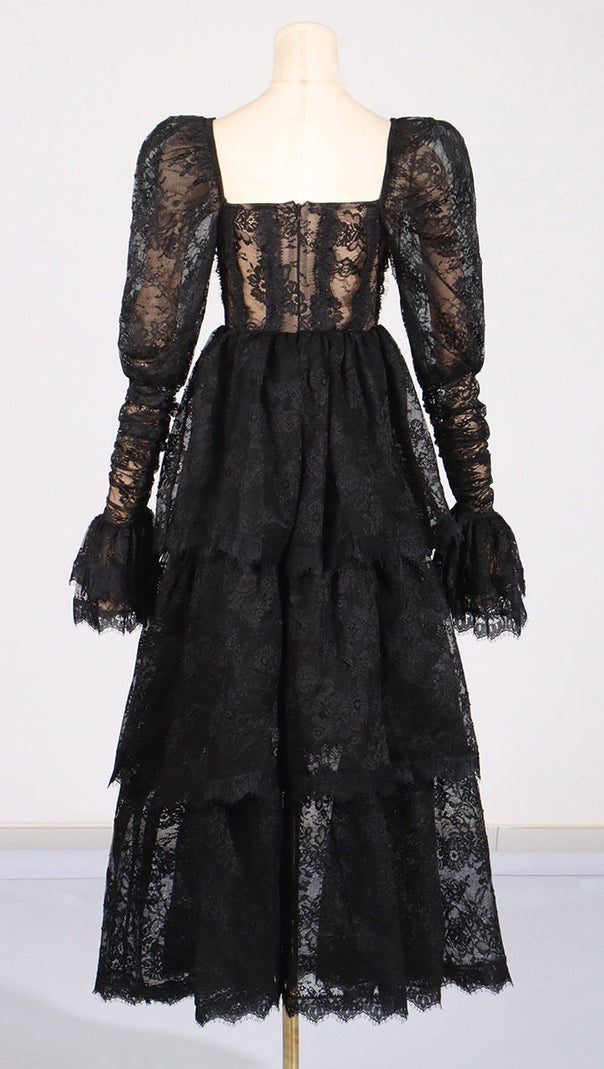 AIIZIE PUFF SLEEVE LACE MAXI DRESS IN BLACK - product image