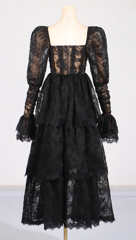 PUFF SLEEVE LACE MAXI DRESS IN BLACK
