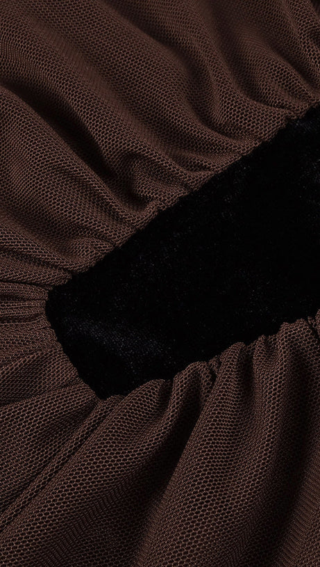 ABITO LUNGO IN PATCHWORK DI VELLUTO E RETE NERO