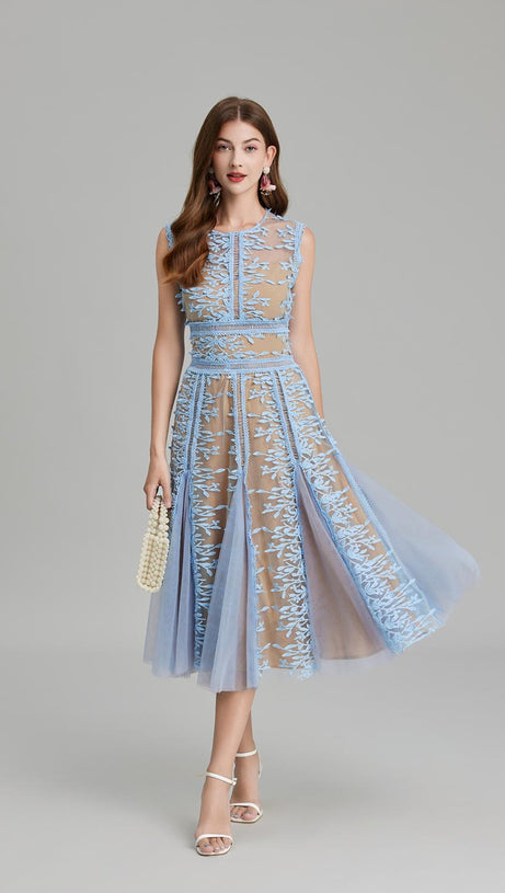 phoenix 3d Embroidered lace mesh midi dress in blue