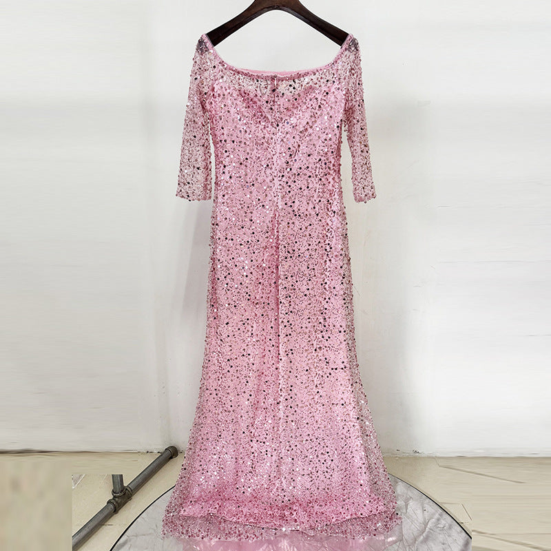 Blush Pink Sequin Mermaid Gown Off-Shoulder Long Dress