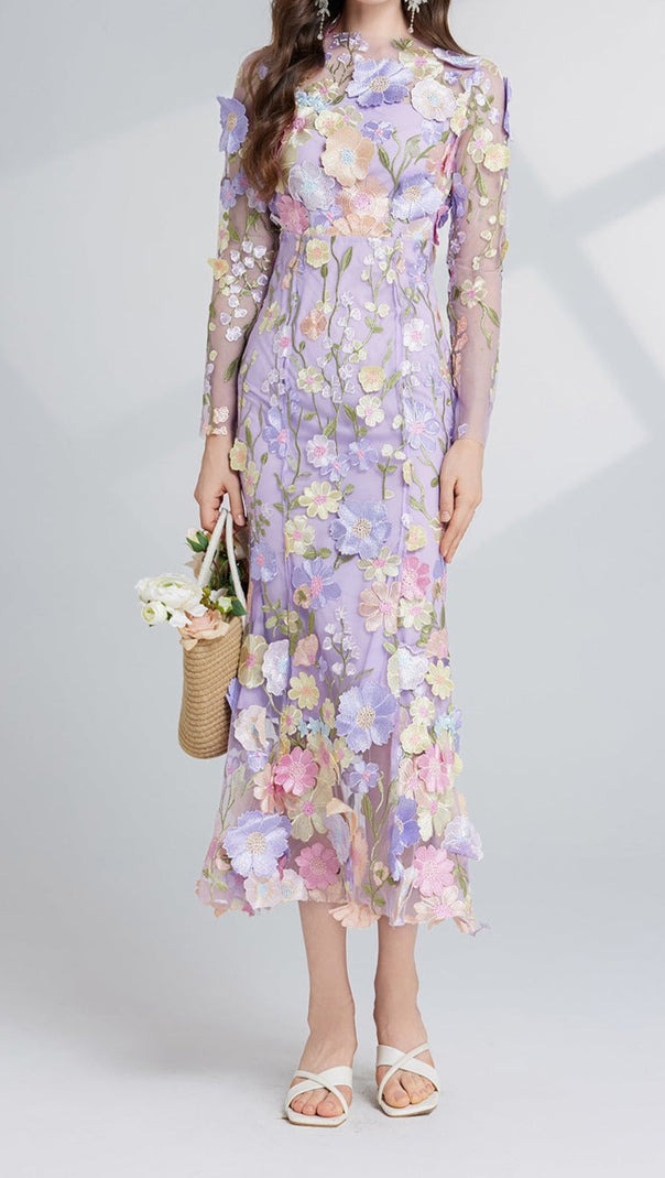 AIIZIE CAROL PURPLE FLORAL EMBROIDERY MESH LONG SLEEVE MIDI DRESS - product image