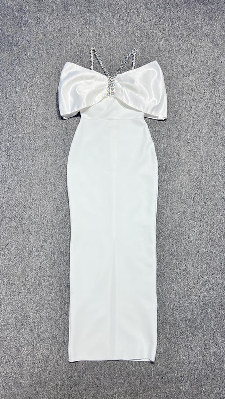 WHITE FANTASY RHINESTONE EMBELLISHED OFF SHOULDER DRESS