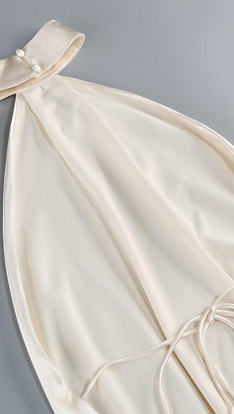 ABITO IN RASO ASIMMETRICO BEIGE CON SCOLLO ALL'AMERICANA