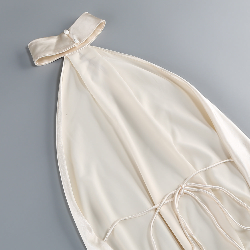 AIIZIE BEIGE HALTER NECK ASYMMETRIC SATIN DRESS - product image