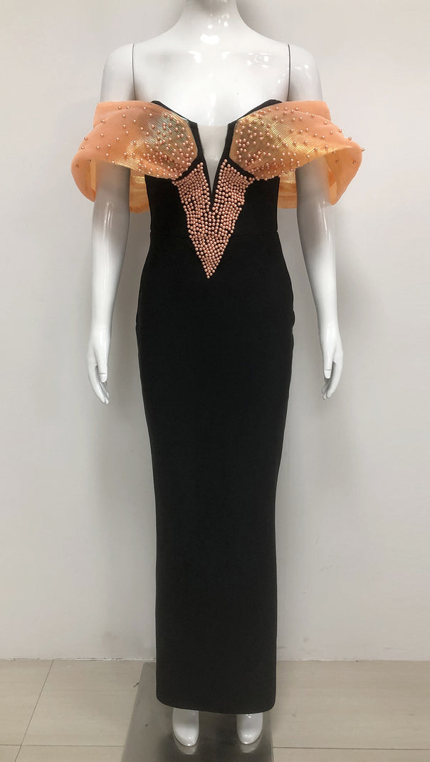 AIIZIE ORANGE OFF SHOULDER BEADED BANDAGE MAXI DRESS - product image