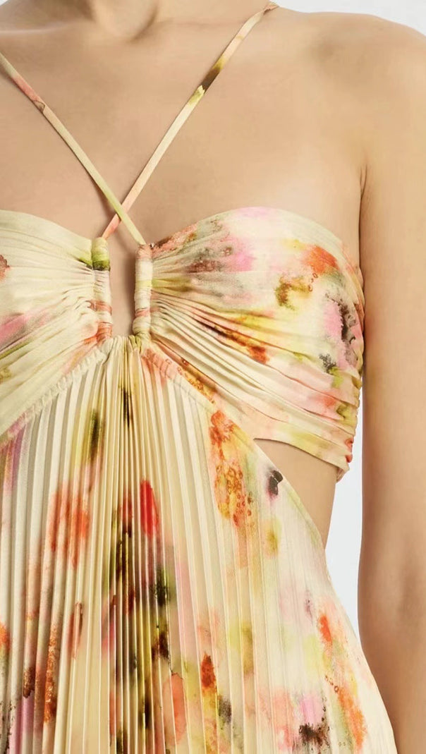 AIIZIE CANDICE PLEATED FLORAL MAXI DRESS IN YELLOW - product image