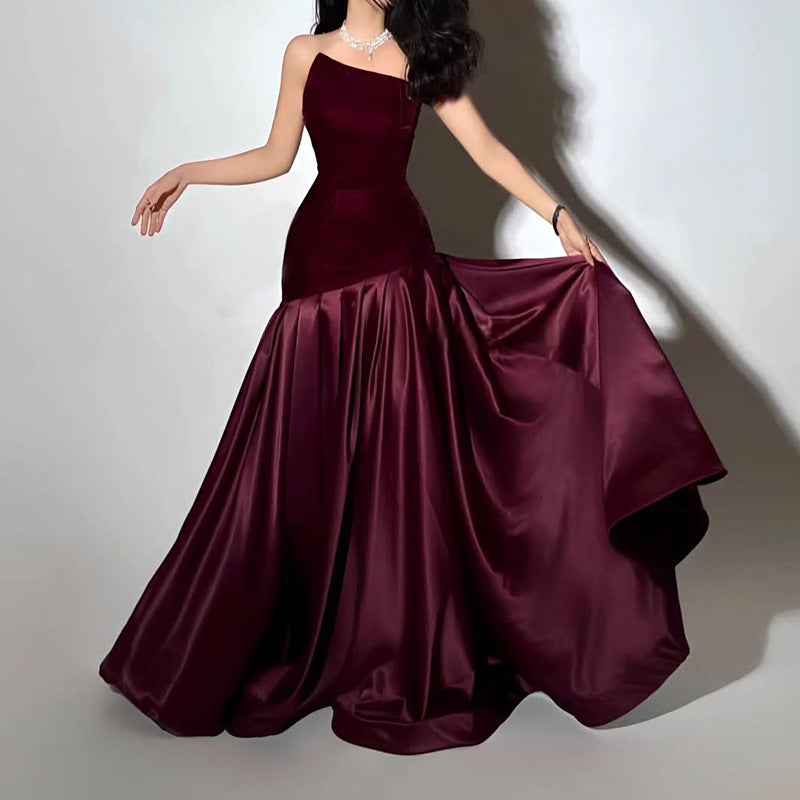 tiffany Irregular splicing strapless maxi dress  - burgundy
